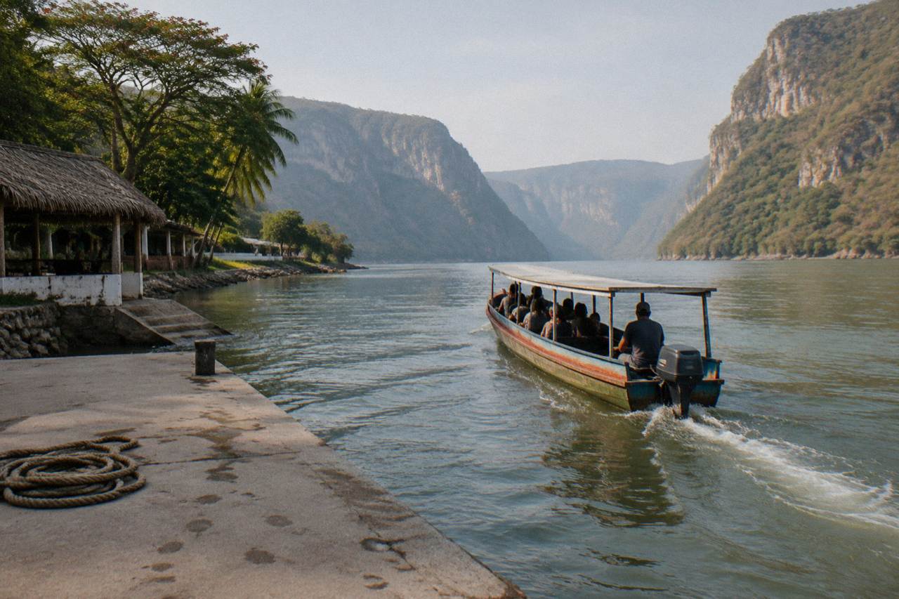 A long wooden boat crossing a wide river between tall limestone canyon walls under a hazy sky