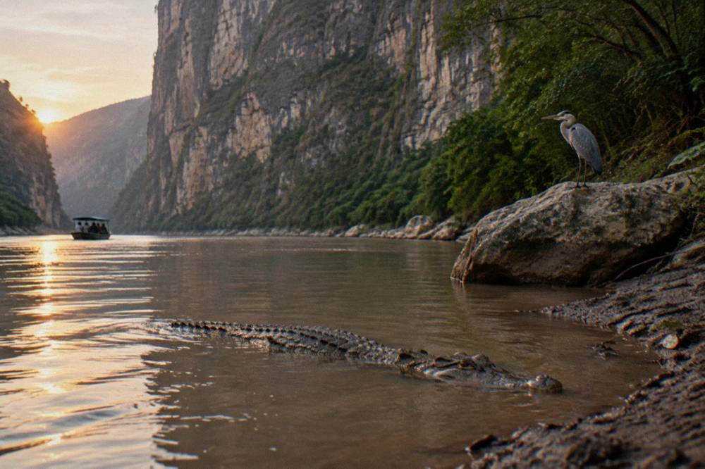 An American crocodile resting on a muddy riverbank at the base of a canyon wall
