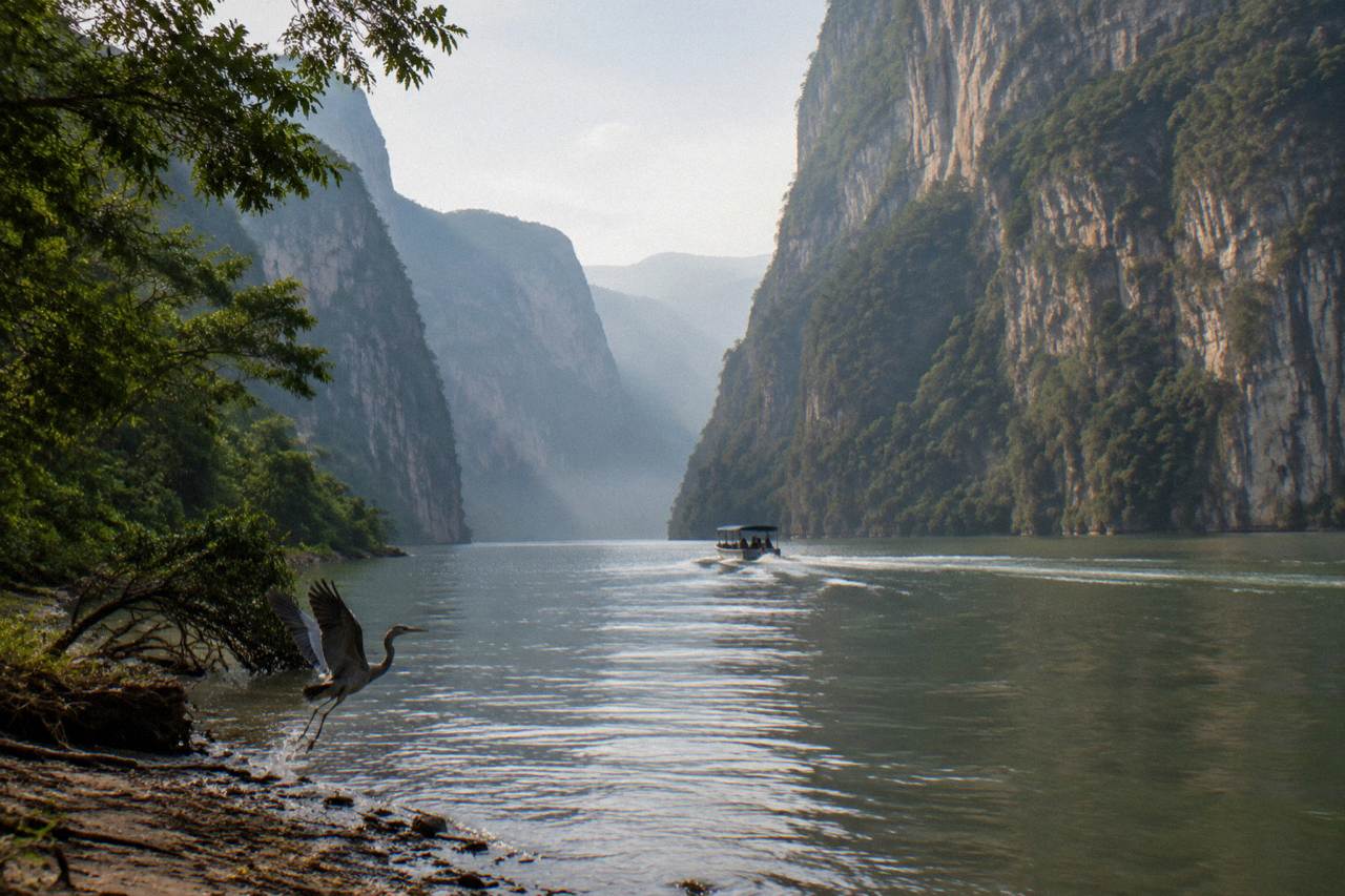Morning view over the Grijalva river between the high limestone walls of the Sumidero canyon
