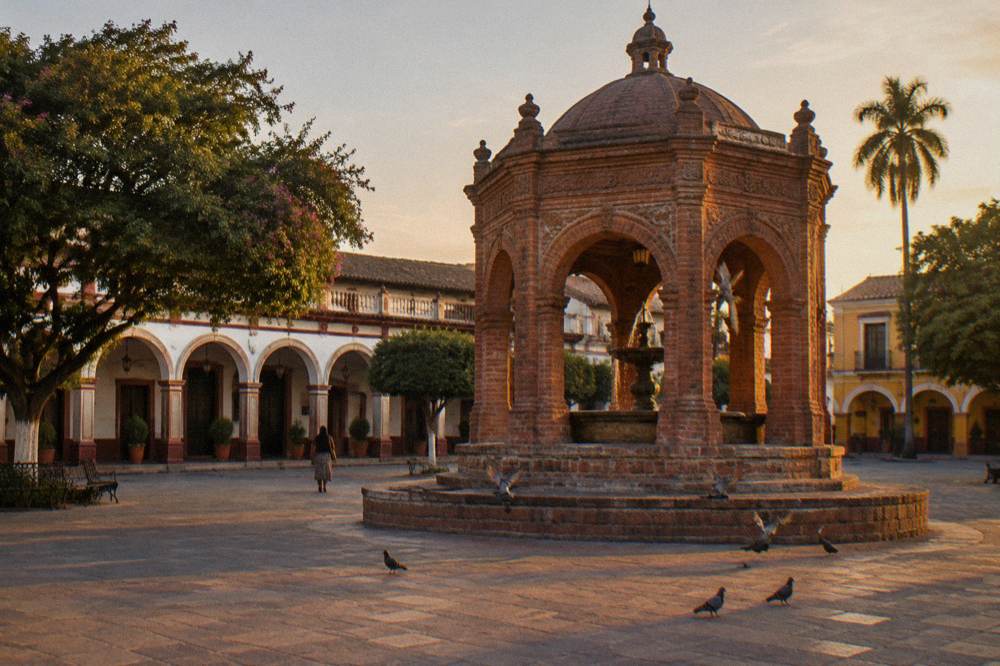 A colonial plaza with a brick fountain and arcaded buildings under warm evening light