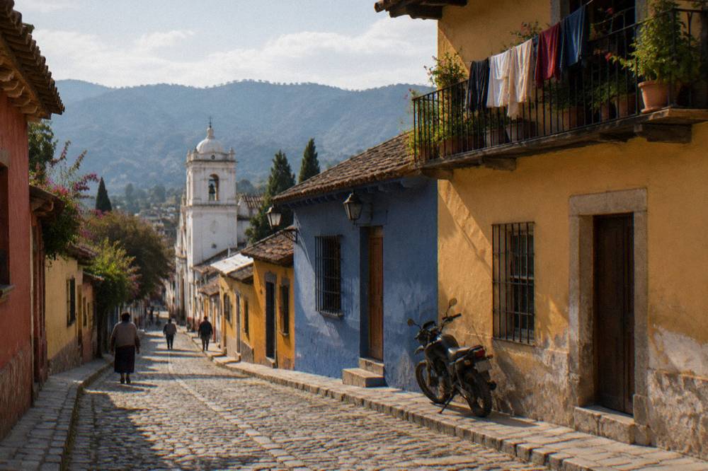 Colorful colonial street with painted facades and a church tower in a highland town