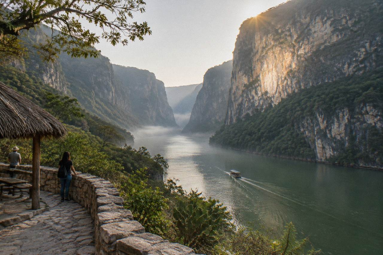 Tall limestone canyon walls rising above a wide green river winding through Chiapas
