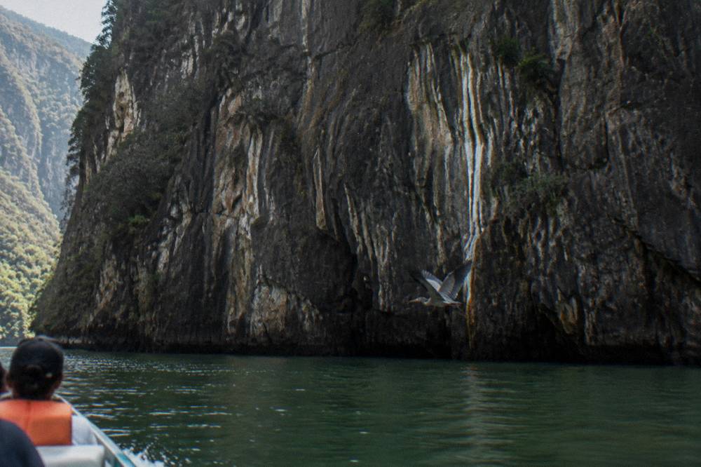 Tall dark cliff face rising above a narrow river with shadows pooling at the base