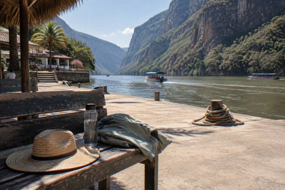 Sun hat, water bottle and light rain jacket laid out on a wooden bench before a boat trip