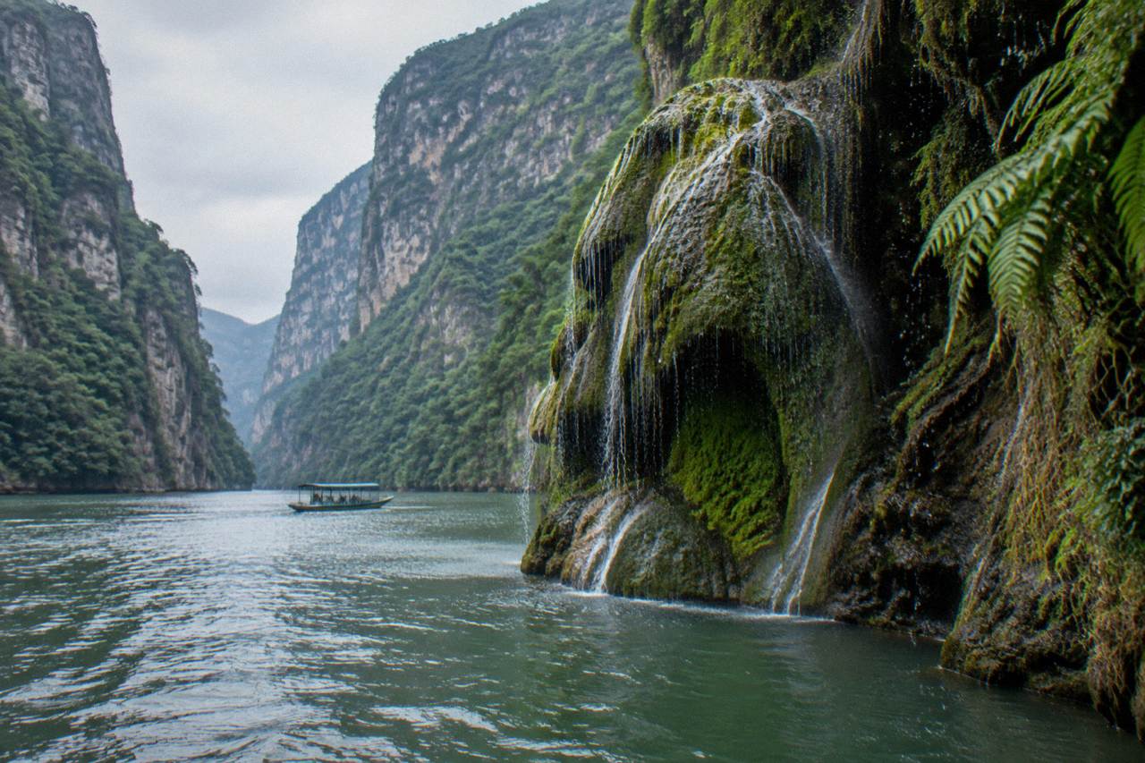 Wooded canyon cliffs rising above a wide green river in southern Mexico