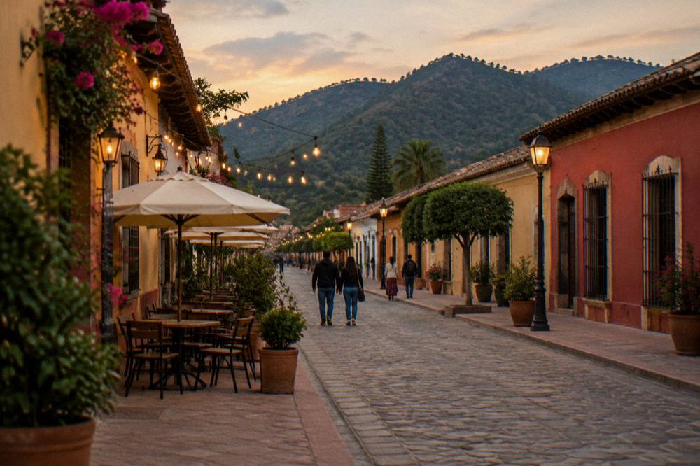 Fountain glowing in evening light beside a quiet colonial arcade