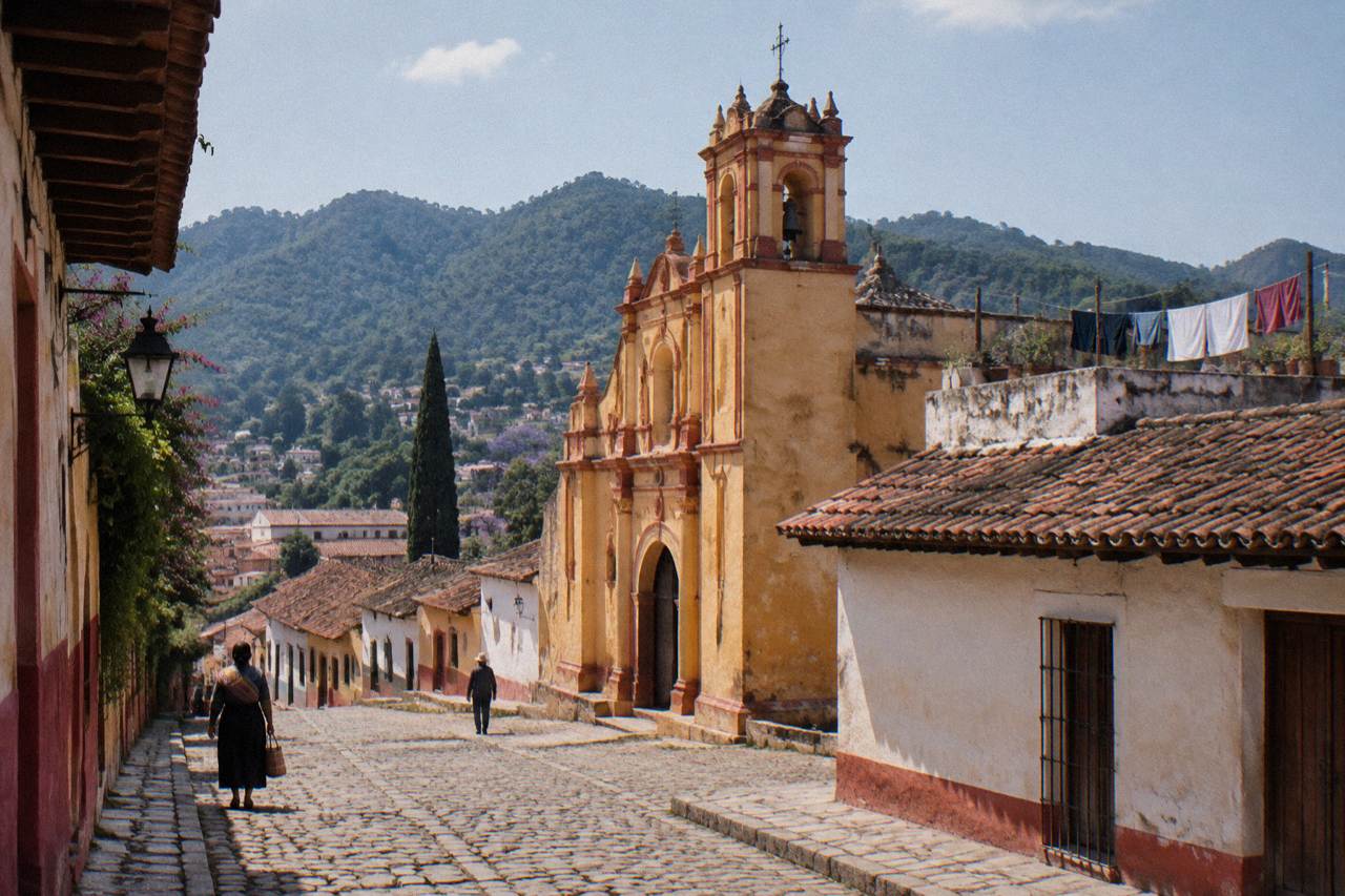 Colonial church facade and tiled rooftop street in San Cristobal de las Casas under a clear sky