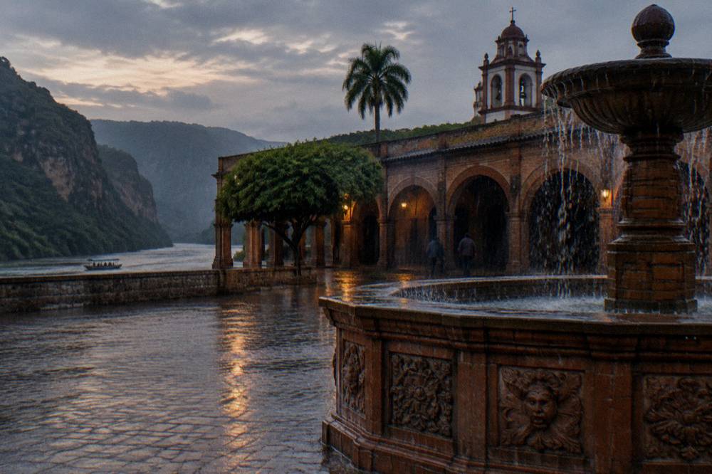 Rain falling on a colonial town plaza with a brick fountain and covered walkways
