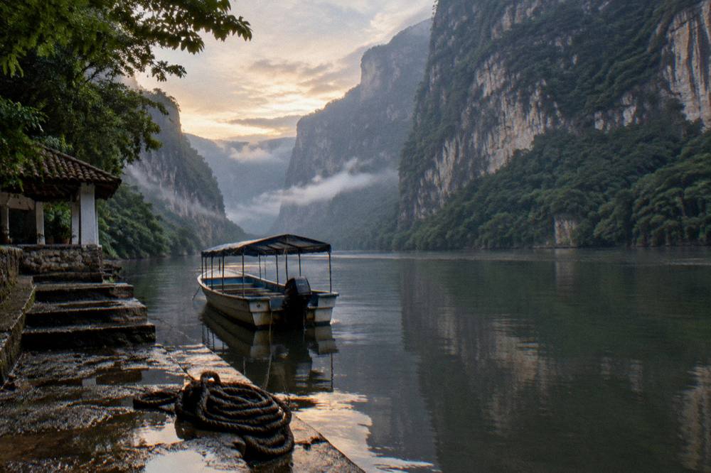 Mist drifting between tall green canyon walls in early morning light above a calm river
