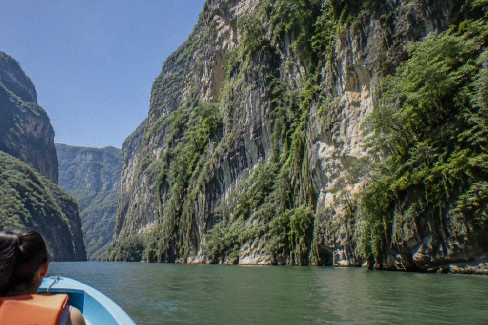 Steep forested canyon wall rising from a wide green river toward a bright sky
