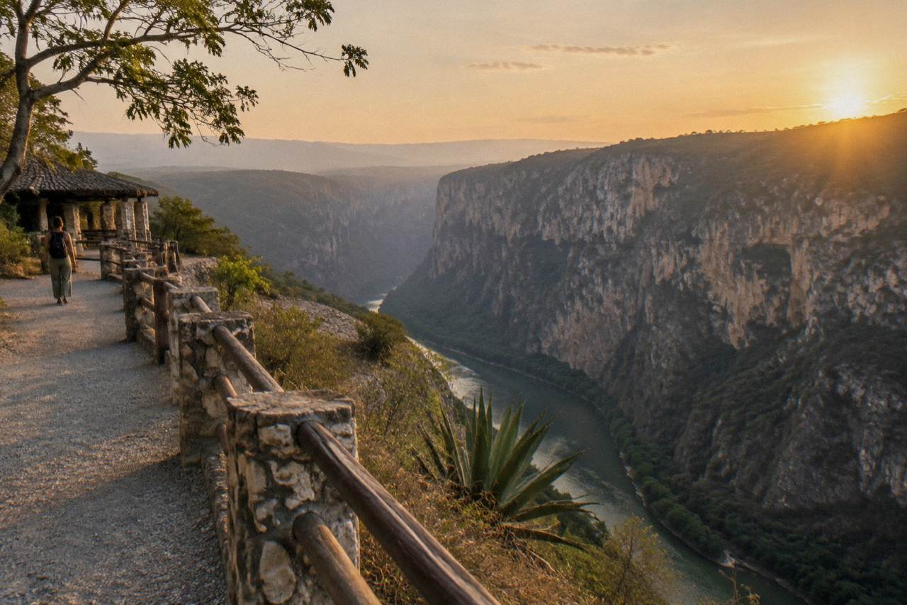 Cliff walls rising above the Grijalva River inside Sumidero Canyon with calm water below