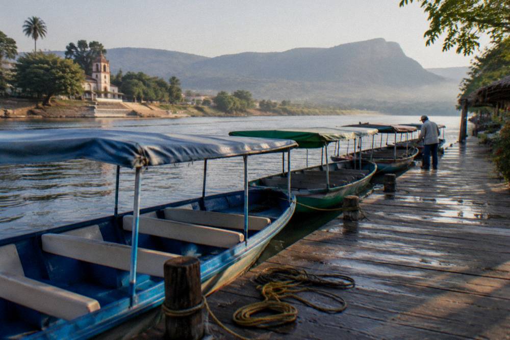 A row of moored tour boats tied along a wooden river dock in morning light