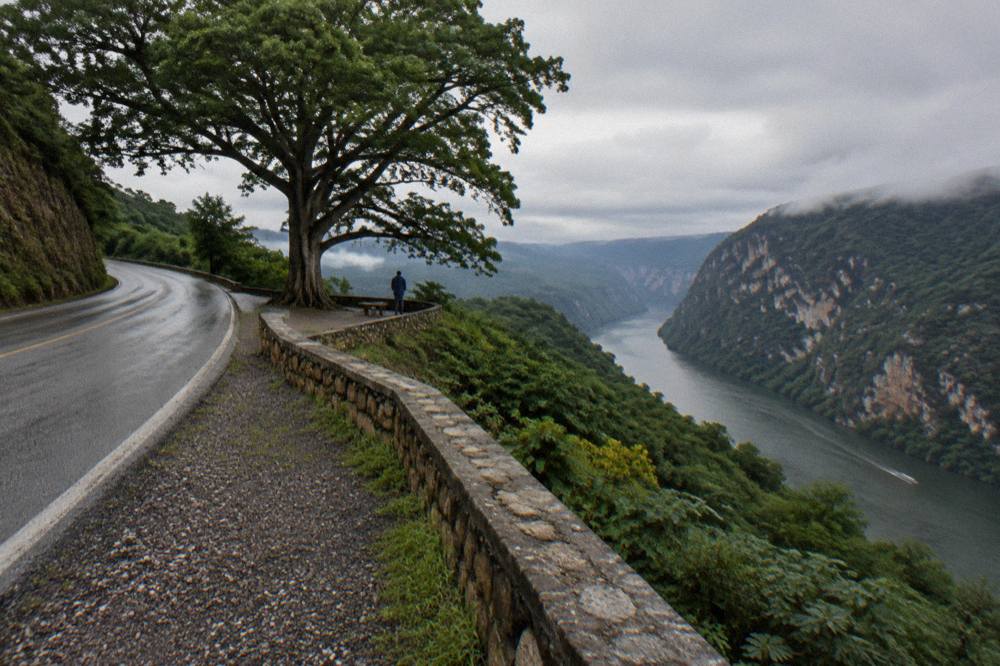 Winding highway through green hills between Tuxtla Gutierrez and the canyon area