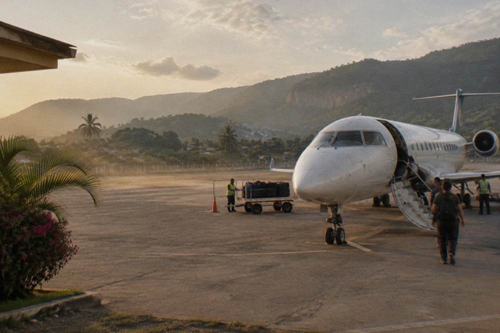 Airliner parked at a small tropical airport terminal with distant mountains