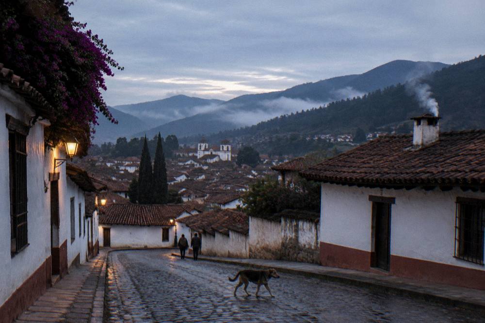Colonial rooftops of a highland town at dusk with mountain backdrop