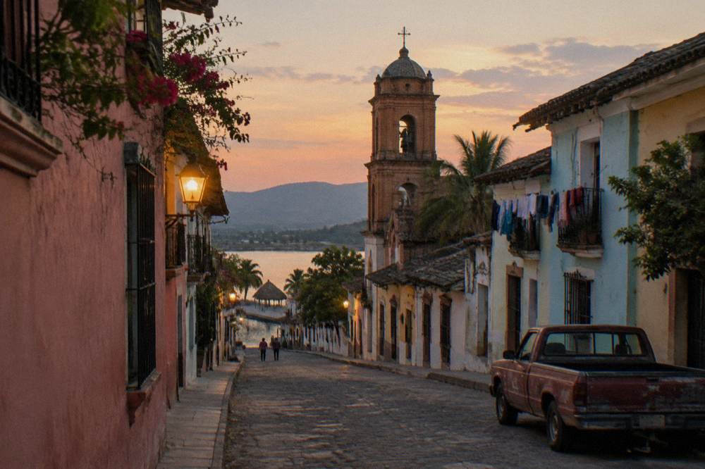 Narrow colonial street with colorful facades leading toward a church tower