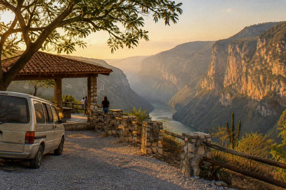 Van parked on a mountain road overlooking a river valley in late light