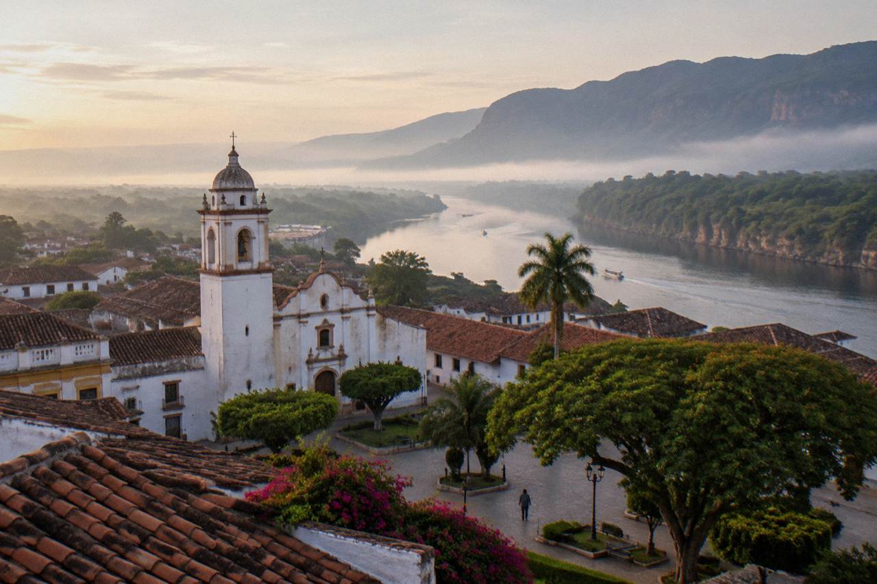 Colonial rooftops and a plaza church beside a river town in southern Mexico